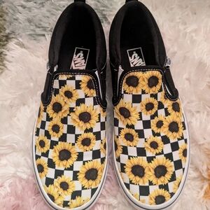 Yellow Sunflower Checkered Vans Size Junior Girl's 5